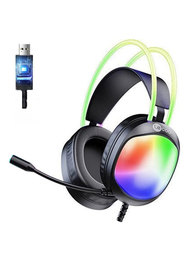 lecoo HT410 USB Gaming Headset with Dynamic RGB Lighting - 7.1 Virtual Surrounded Sound & Dual 50mm Drivers - DEEP BASS - Noise Reduction mic - In Body Control For PC / PS4 | Black - Image 1
